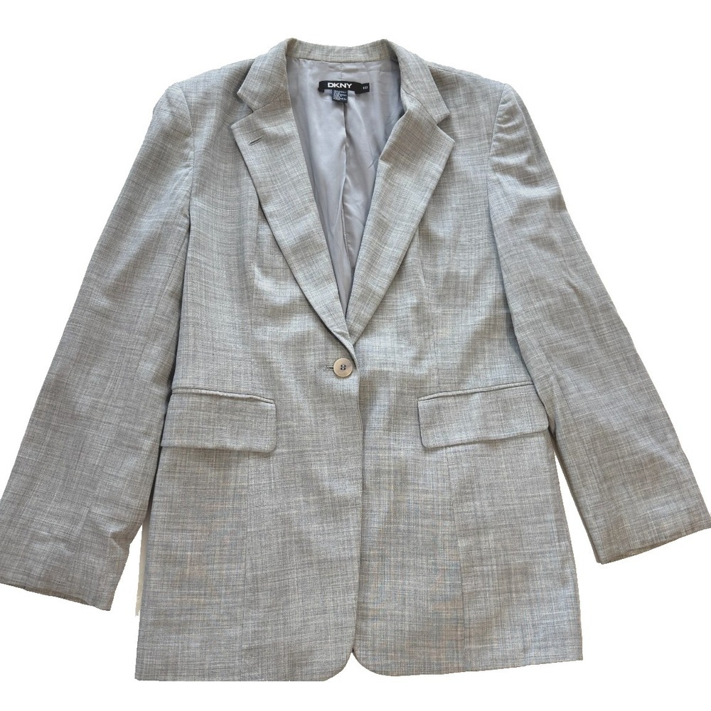 DKNY Womens 10 Beige Gray Heather Wool Single Button Blazer Jacket